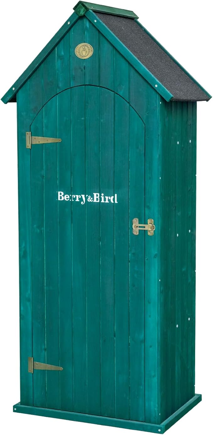 Berry&Bird Small Outdoor Storage Shed, Woodn Garden Storage Caninet Waterproof Vertical Sheds with Floor, Lock & Shelves, Mini Outside Tool Tinyhouse for Patio Backyard Lawn(Green,25.9”x 21.9”x 72.6”)