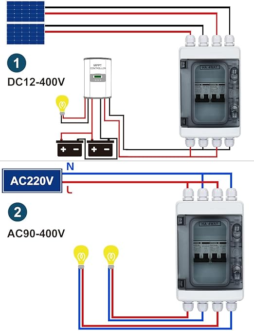 DIHOOL DC Circuit Breaker Box Cover with UV-Proof, 60 Amp Electrical Power Distribution Box 2 in 2 Out, PV Solar Disconnect Switch