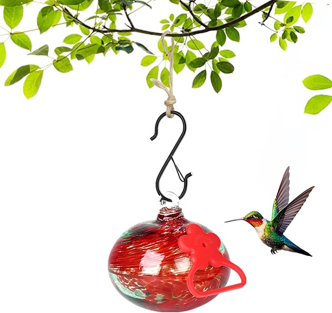 Pozfun Small Hummingbird Feeders for Outdoors Hanging,Hand-Blown Glass Hummingbird Feeder with Silicone Feeding Perch,Never Leak,Gardening Gifts for Woman Man(Red)
