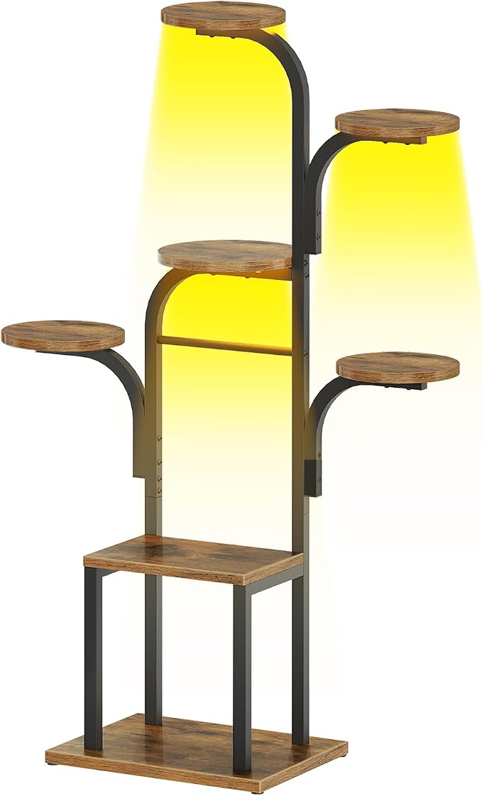 HOOBRO Plant Stand Indoor with Grow Lights, 47.2" Tall Metal Plant Shelf, 7 Tiered Corner Plant Stand for Indoor Plants, Plant Rack for Living Room Bedroom Balcony, Rustic Brown and Black BF09DHJ01