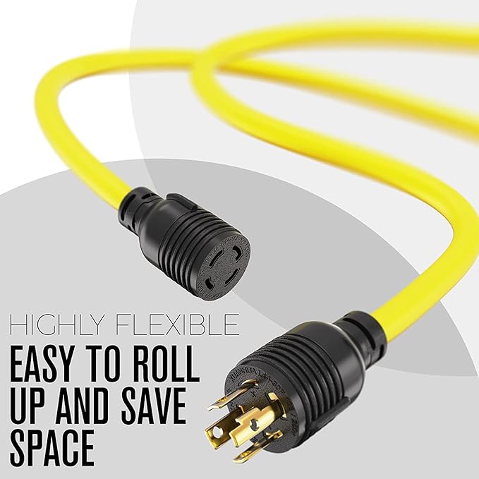 Houseables 30 Amp Generator Cord, Generator Cord, NEMA L14-30P to L14-30R, 30 Amp Extension Cable, 125/250V for 240V Use, 240 Volt, 30amp Power Wire, 4 Prong Plug, Dryer, UL CUL, 10 Gauge, 7500W, 25FT