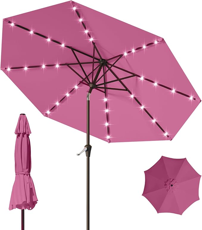 9FT Patio Umbrella with Solar Lights,Outdoor Market Umbrella with Tilt and Crank, LED Lighted Table Umbrella for Garden,Deck,Backyard,Pool,Beach