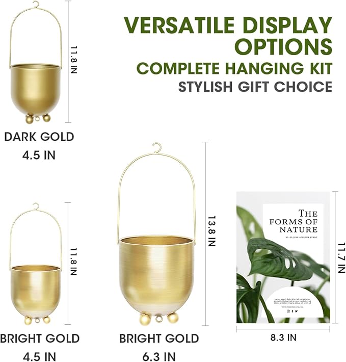 AceList Gold Hanging Planters for Indoor Plants, Set of 2-4.5 inch Metal Plant Hangers from Ceiling or Wall, Modern Boho Window Flower Pots, Pothos, Ivy - No Drainage Hole
