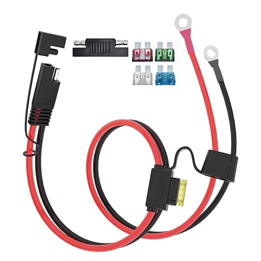 ELFCULB 2FT 10AWG SAE Battery Connectors Extension Cord Cable with 5 Fuse Compatible with Solar Generator Battery Charger,SAE to O Ring, for Solar Accessories