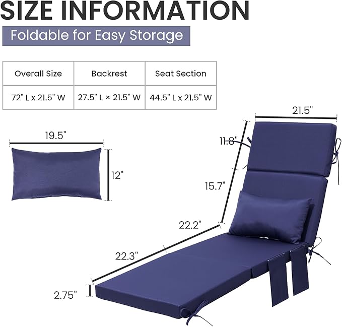 Crestlive Products Foldable Outdoor Chaise Lounge Cushions with Head Pillow and Side Pockets,Water Repellent & Fade Resistant Lounge Chair Cushion, 72''L x 21''W, Navy