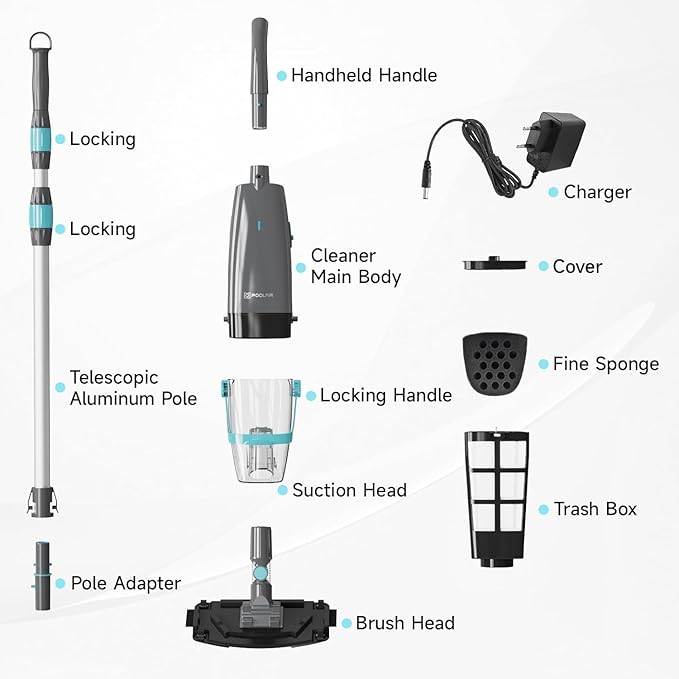 PoolMr Cordless Handheld Pool Vacuum, Rechargeable Pool Cleaner with 18.5 Gal/Min Suction, 60 Min Runtime, Dual-Phase Cleaning System, Ideal for Above Ground Pools, Spas, Hot Tubs, Black