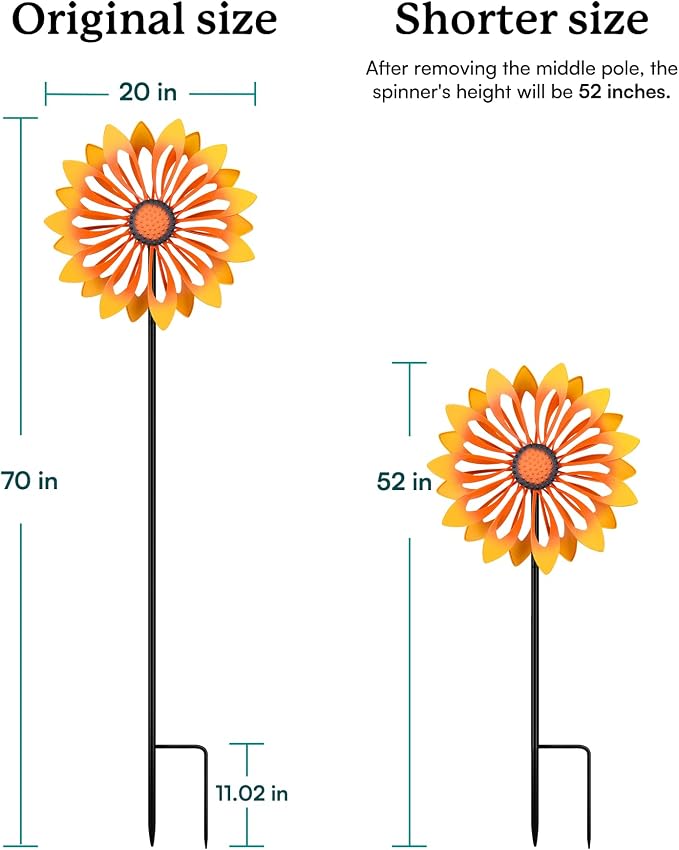 Sunflower Garden Wind Spinners - Kinetic Outdoor Metal Windmill Spinner, Lawn Patio Yard Decor, Birthday & Housewarming Gifts for Family and Friends (70 Inch Hieght)