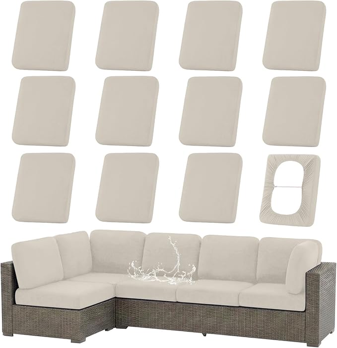 hyha Waterproof Outdoor Cushion Covers for Patio Furniture, Stretch Patio Chair Cushion Slipcovers, Coated UV Resistant Replacement Seat Covers, Solid Color (Taupe, 12PC)