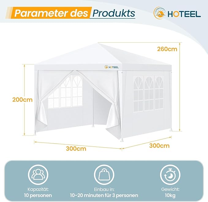 HOTEEL 10x10FT Event Canopy Party Tent for 8-12 People with 4 Removable Sidewalls, 2 Zipper Doors, 8 Ropes and 16 Stakes, Carpas para Fiestas for Patio Wedding Backyard, White