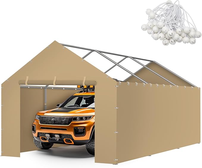 Carport Canopy Tent Sidewalls for 10x20x8.6FT Car Garage with Ball Bungees, Heavy Duty Portable Shelter Logic Replacement Covers (Frame is not Included) (Khaki)