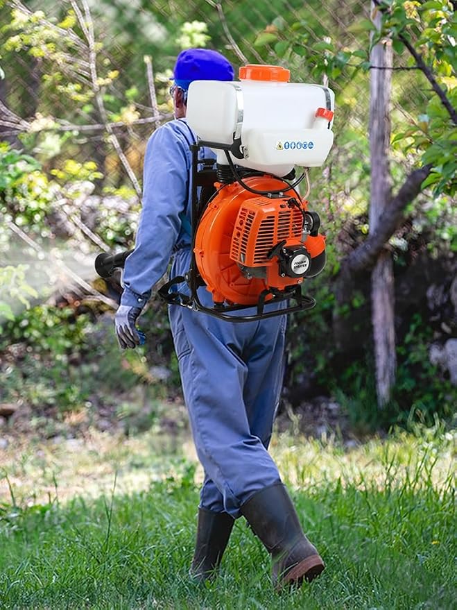 Backpack Mosquito Fogger Sprayer, 43cc Gas Powered Mist Duster with 5.3 Gallon Tank, Wide Shoulder Strap, Liquid and Powder Sprayer for Outdoor Garden, Farm and Orchard Orange