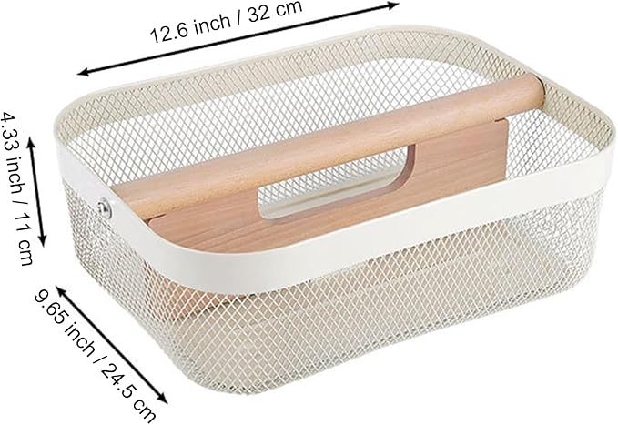 AJIODA Metal Mesh Steel Storage Basket, Garden Harvest Wire Organizer Basket Multi-functional Kitchen Fruit Basket with Wooden Removable Partition & Handle for Bath Picnic Decor Cabinet, Cream White