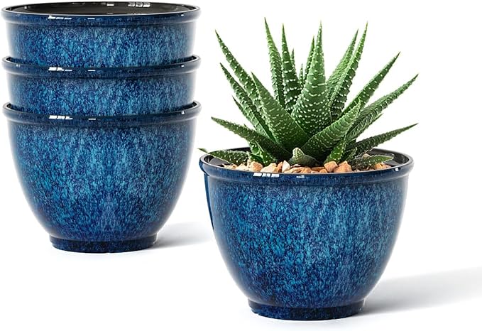 Vanslogreen 8 Inch Glazed Plastic Plant Pots, Set of 4 Planters with Drainage Holes - Indoor/Outdoor Flower Pots for Succulents, Herbs, Home Decor(Blue)