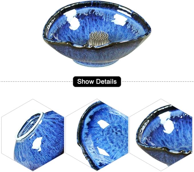 WANDIC Floral Arranging Vase, Blue Irregular Oval Shape Ceramic Ikebana Vases with 3.5cm Mini Round Flower Frog for Ikebana Floral Arrangement Art Home Decor