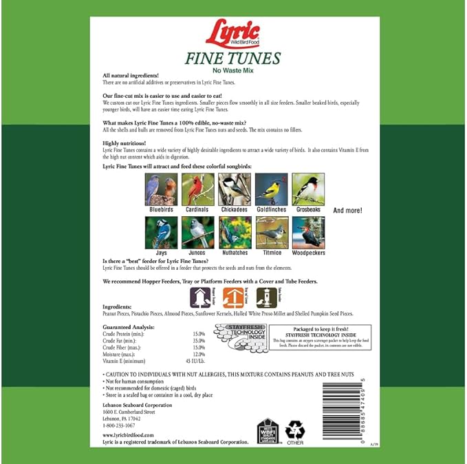 Lyric Fine Tunes Wild Bird Seed Mix - No Waste Bird Food Mix - Attracts Bluebirds, Finches, Chickadees & More - Seed for Outside Feeders - 5 lb Bag