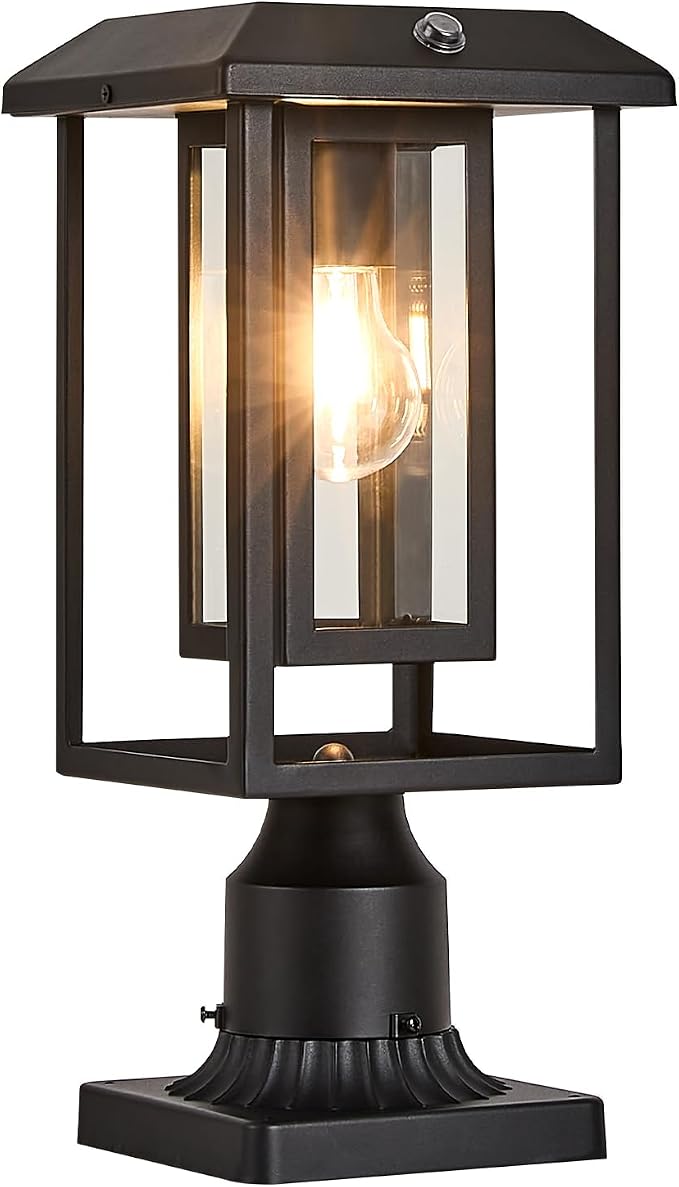 Solar Lamp Post Lights for Outdoor with Pier Mount Base, Dusk to Dawn Pole Light Head with Waterproof, Exterior Solar Powered Pillar Lights Fixture for Yard, Garden, Pathway, Black
