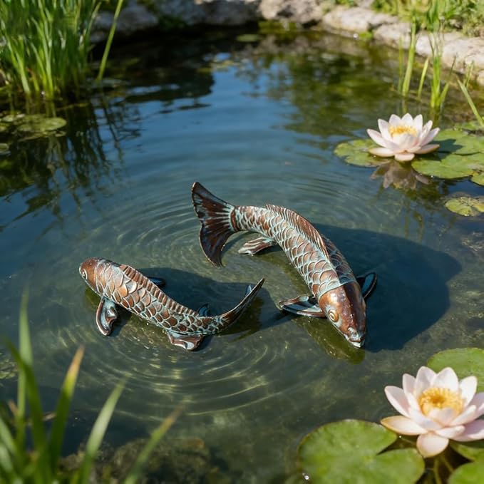Garden Statues Koi Fish Decor for Outside,Antique Copper Garden Decor,Large Outdoor Koi Sculptures & Statues for Yard Patio Backyard Pond Decorations,Metal Fish Gifts for Mom Grandma,Set of 2
