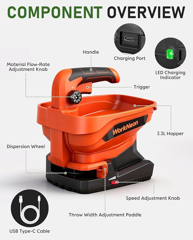 Battery Powered Seed Spreader, Handheld Power Spreader for Lawns, Rechargeable 7.2V Grass Spreader with 8-Level Settings and 3.3L Large Capacity for Snow, Rock Salt, Lawn, Garden