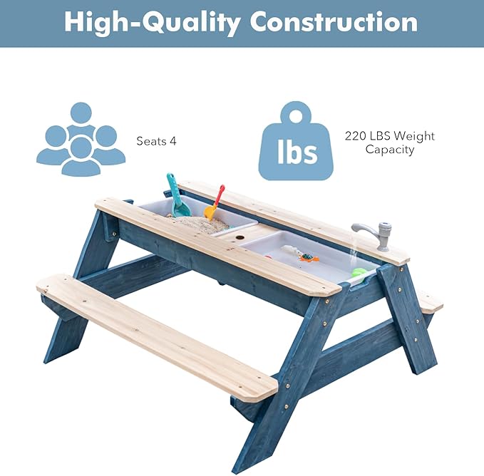 Kids 3-in-1 Sand & Water Table, Wood Outdoor Convertible Picnic Table w/Umbrella, 2 Trays, Removable Top with Faucet, Picnic Table for Outdoor Playset (Blue/Orange)