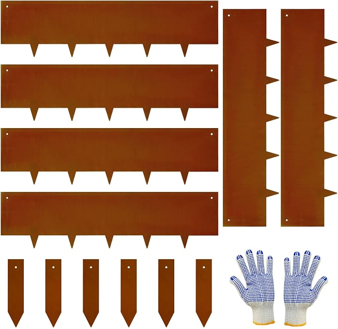 Corten Steel Landscape-40 LX 10" H Metal Garden Edging 20FT Total Rusted Lawn Edging 6 Pcs-No-Dig Hammer Heavy Duty Steel Edging-Bendable Border Strips for Lawn Yard Courtyard Pathway-6 Clips