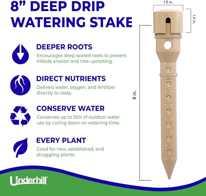 Underhill Deep Drip Irrigation Stakes 8-Inch, Watering Spikes for Trees, Flowers, Fruits, and Small Plants, Drip System Tubes, A-DD08-25, Case of 25