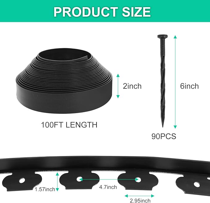 2 Inch x 100FT Garden Edging Kit with 90 Spikes for Landscaping, Plastic Lawn Edging Border for Flower Beds, Tree Rings, Pathways, Black