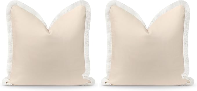Hofdeco Premium Coastal Hampton Patio Indoor Outdoor Throw Pillow Cover Only, 22"x22" Water Repellent for Backyard, Couch, Poolside, Neutral Tan Print Solid (Pack of 2)