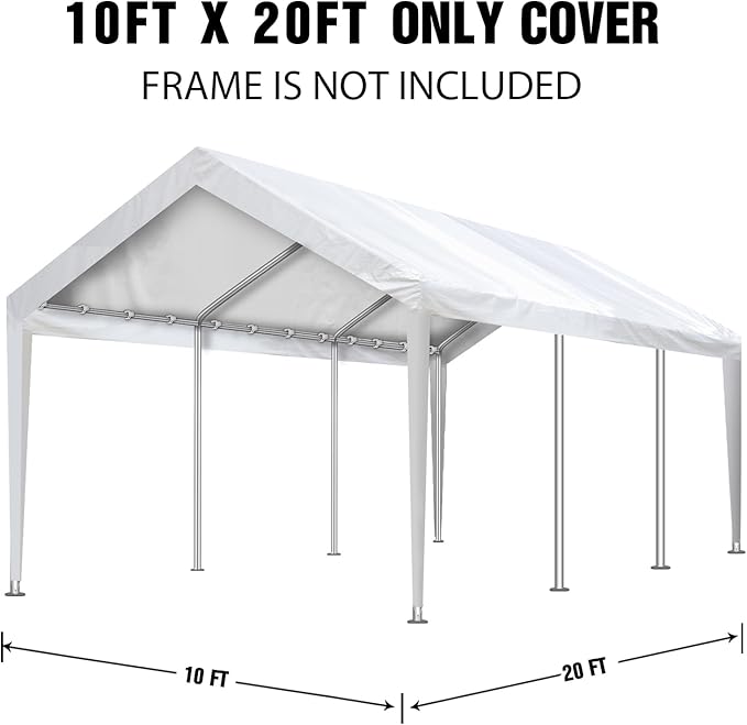 Carport Canopy 10'x20' Replacement Cover, Waterproof & UV Protected Garage Top Tarp Shelter Cover with Ball Bungee Cords, Car Cover Tent (Frame is not Included)