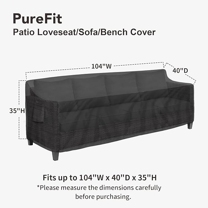 PureFit Outdoor Couch Cover Waterproof Patio Sofa Furniture Covers, 4-Seater Outdoor Cover with Air Vent and Handles, 104W x 40D x 35H Inches, Black
