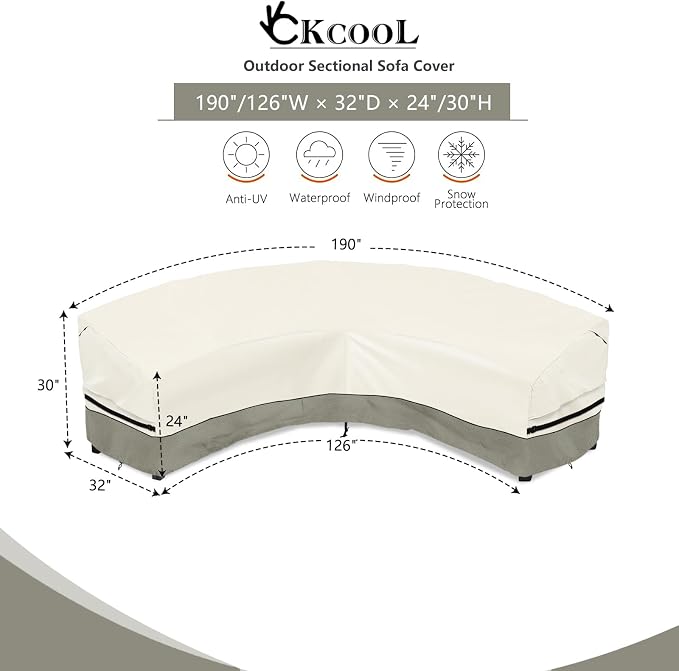 Okcool Outdoor Sectional Cover,Curved Patio Furniture Covers for 5-7 Seater Outdoor Furniture Couch,190"(Back Arc Length) / 126"(Front Arc Length) x 32"(Deep),White&Grayish Green