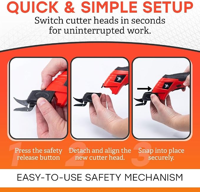 Cordless Electric Scissors - Rechargeable Cutting Tool for Fabric, Cardboard, Plastic, Paper, Leather - Detachable Blade, Ergonomic Grip, Safety Lock - Includes 2 Extra Cutter Head & USB Cable