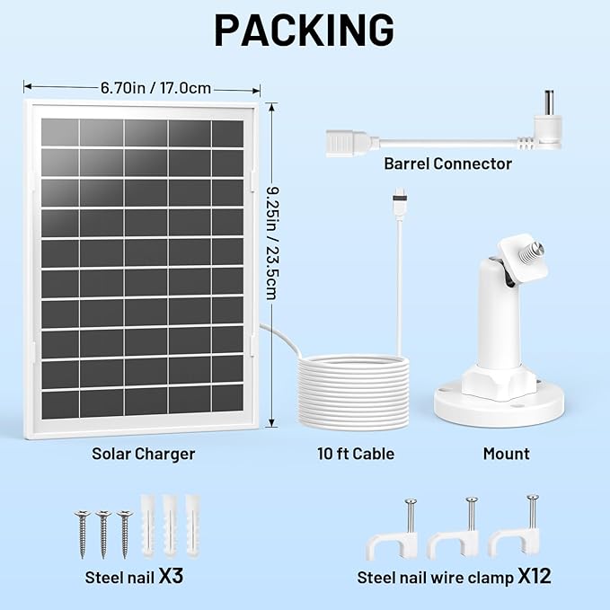 7W Solar Panel for Ring,Solar Charger Compatible with Ring,Stick Up Cam,Stick Up Cam Pro Battery,Spotlight Cam Plus/Pro Battery,10FT Waterproof Type C Cable and USB-C to Barrel Plug Adapter