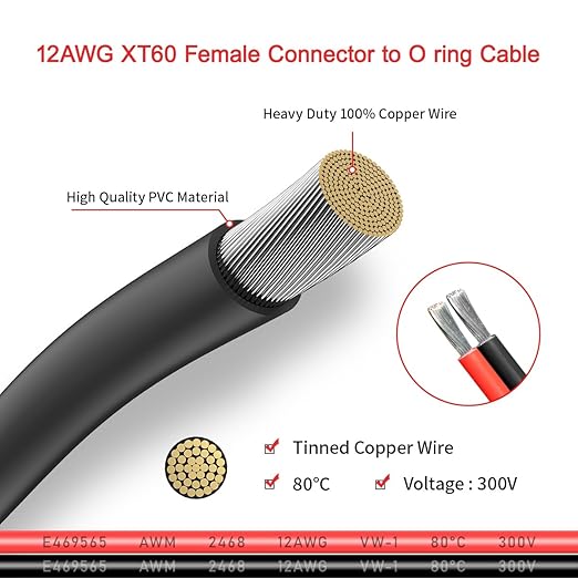 ELFCULB XT60 to O Ring Terminal Cable, 12AWG XT60 Female to O Ring Connector Cable with Tinned Pure Wire for RC Battery Solar Portable Power Power Station and Solar Panel(5FT)