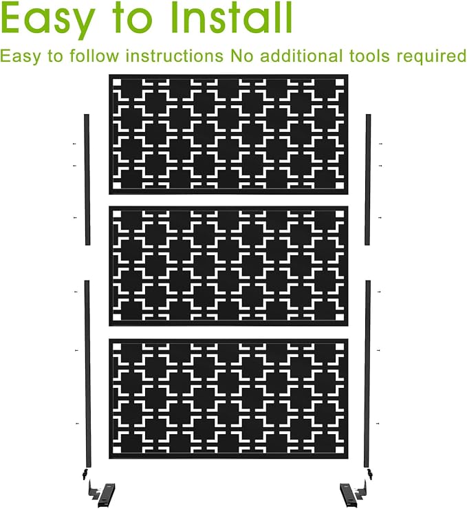 Casaphoria 72" H x 47" W Metal Outdoor Privacy Screen, Freestanding Decorative Divider for Patio, Deck, Balcony, and Garden with Stable Base, Black-Square