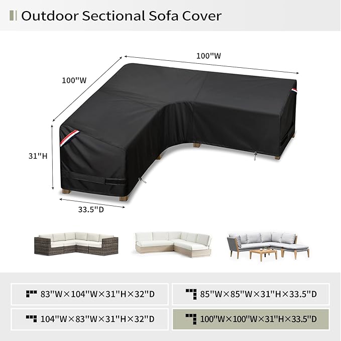 KylinLucky Large V-Shaped Patio Sectional Sofa Cover 100"x100", Heavy Duty Waterproof Outdoor Couch Cover with Air Vents, Fits Most Corner Sectionals, Black