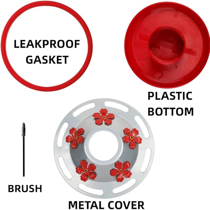 WOSIBO Hummingbird Feeder Replacement Bottom Base Replacement Part Includes Red Plastic Base Metal Top and Brushes (Silver-2)