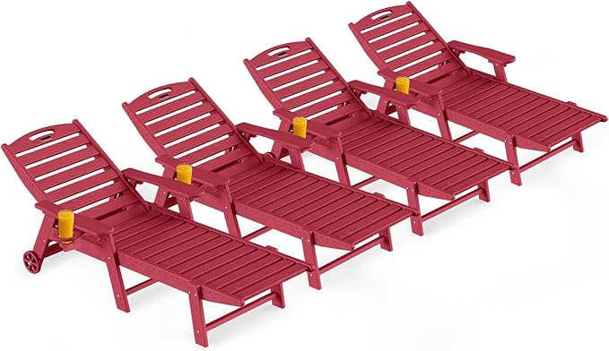 Outdoor Lounge Chair Set of 4, All Weather Patio Chaise Lounge Chair for Outside, HDPE Chair with Rolling Wheels & Cup Holder, 5 Position, Deck, Pool, Red