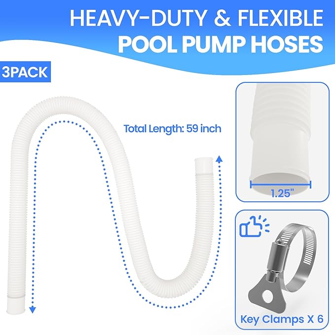 Poolvio Pool Hoses for Above Ground Pools 1.25" Diameter x 59" Long, 3-Pack, Heavy Duty UV Resistant & Leak-Proof Pool Pump Hoses with 6 Metal Thumb Clamps, Fits Intex Filter Pump 607/637