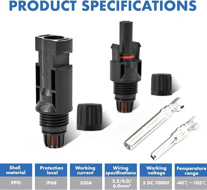 40 PCS Solar Connectors, Male/Female Waterproof IP67, MC4 1000V 30A, (20Pairs) Solar Panel Cable Connectors with 2 Spanners(10AWG)