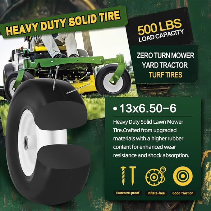 13x6.50-6 Flat Free Tire and Wheel with Rim,Universal 13x6.5-6 Solid Smooth Rubber Zero-Turn Lawn mowers Tire,5.5"-7.72”Centered Hub and 3/4" extra 5/8" 1/2” Bushings(White)
