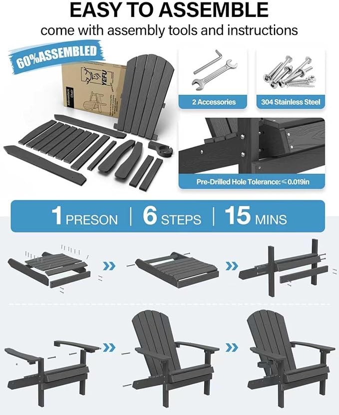 YEFU Adirondack Chairs Set of 4: Outdoor Chair HIPS Plastic Adirondack Chairs - Patio Chairs with Wood Texture - Lawn Fire Pit Deck Porch Garden Chairs for Adults (Dark Grey)