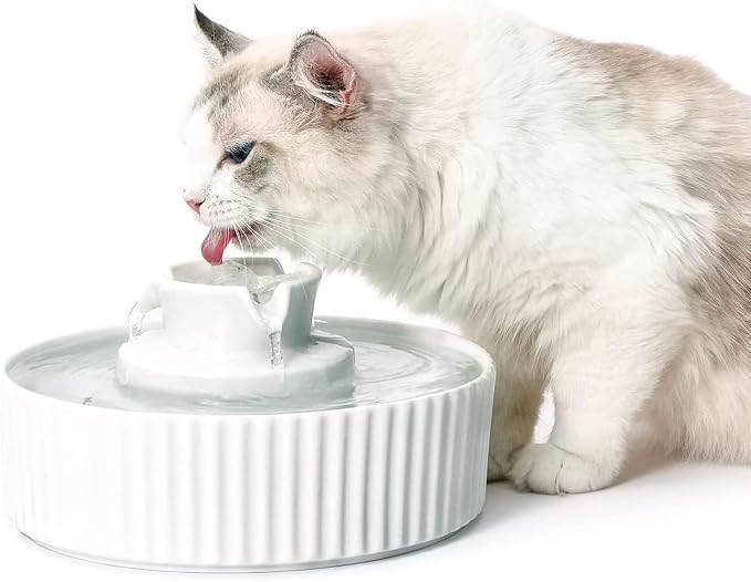 2.1L Ceramic Cat Water Fountain for Cats and Dogs-360° Ceramic Pet Fountain-70 Oz Large Water Capacity- Whisper-Quiet Water Flow-Great for Shy or Timid Pets- Fresh-Filtered Water