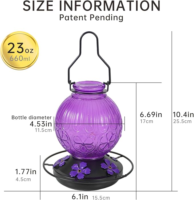 Glass Hummingbird Feeders for Outdoors Hanging, 23Oz Humming Bird Nectar Feeders with Perch, 5 Flower Feeding Ports, Leak Proof Base and Hook for Garden Decor, Gifts for Mom Women (Purple)