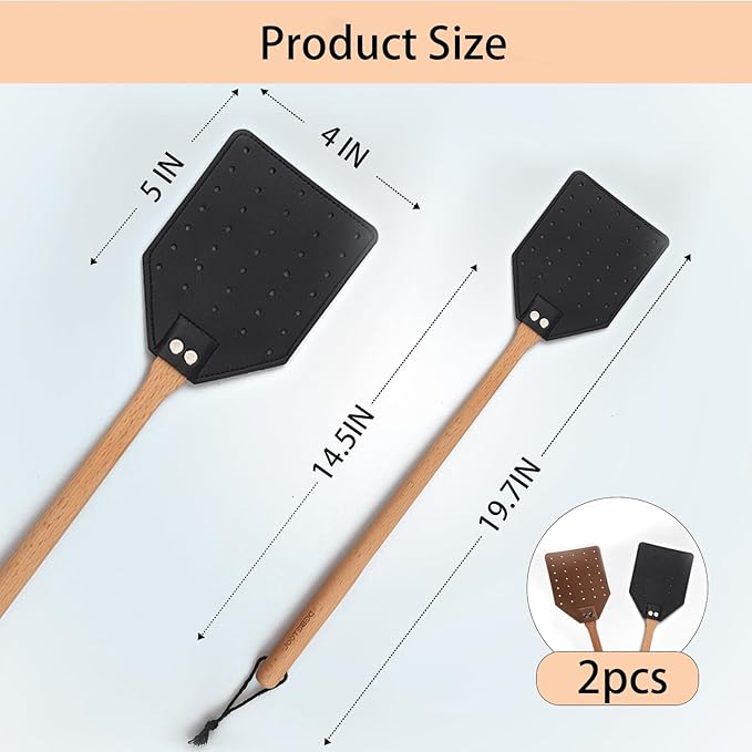 DEBETOOL 2 Pack Sturdy Leather Fly Swatter for Indoors - (19.7”)Long Handle Heavy Duty Wood Fly Swatter With Hanging Rope, Durable Fly Swatter for Outdoor Rustic Bug Swatter Flies,Mosquitoes And Bees