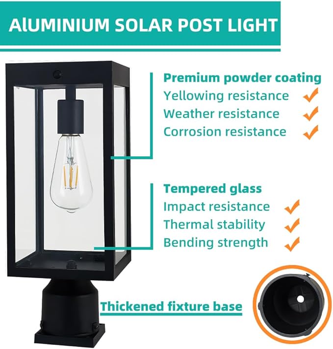 Solar Lamp Post Light Outdoor Waterproof，Solar Outdoor Post Light with 3.5in Pier Mount Base，Matte Black