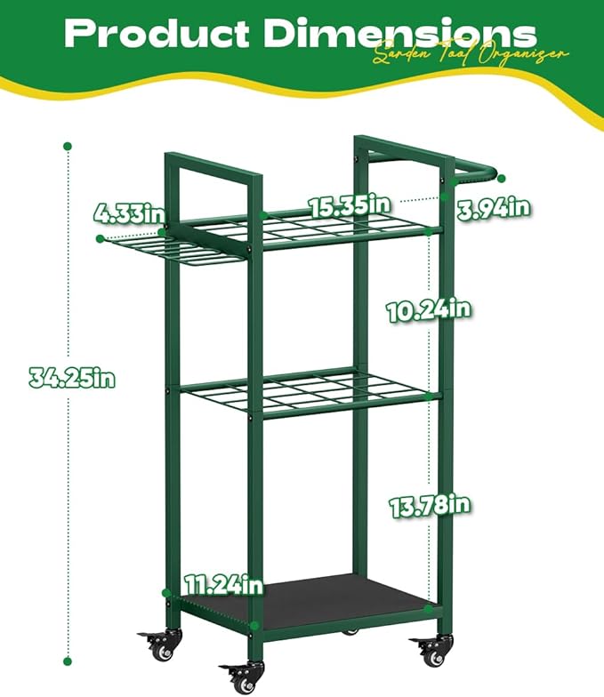 Garden Tool Organizer with Wheels, Heavy Duty 3 Tier Metal Yard Tool Storage Rack Holder with Side Hooks, Freestanding Garage Organizer for Shovels, Rakes, Brooms, Indoor Outdoor Use, Green