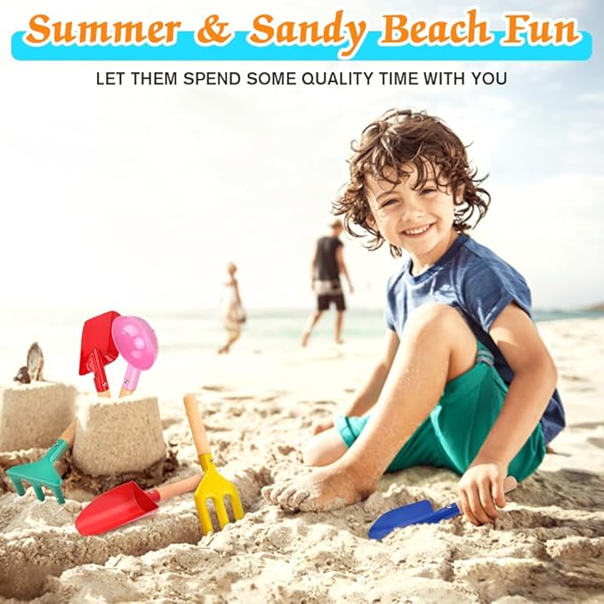 6 Piece Kids Gardening Tools, Children Beach Sand Box Toys, Made of Metal with Sturdy Wooden Handle, Safe Beach Gardening Set, Spoon, Fork, Rake & Shovel, Gifts for Kids