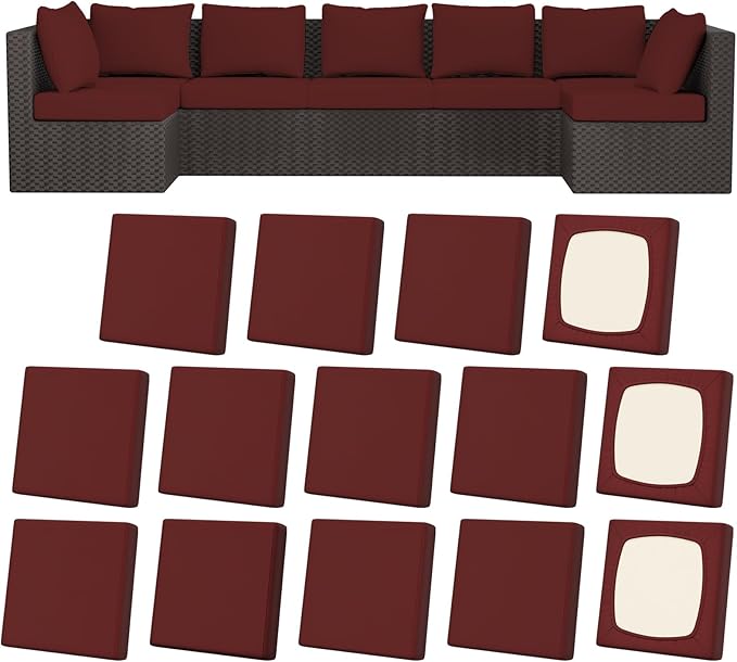 14Pcs Patio Stretch Cushion Covers, Outdoor Couch & Sofa Replacement Slipcovers for Patio Furniture Cushion Covers, Washable Reusable Furniture Protector, Square Large, Wine Red