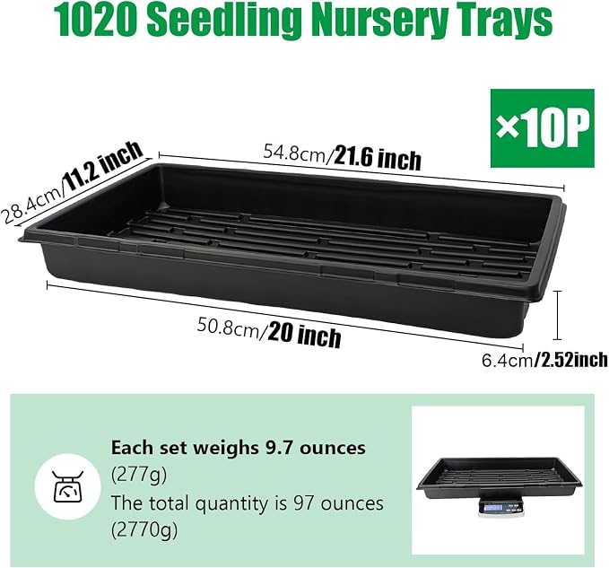 RooTrimmer 10 Pack 1020 Trays and 10 Pack 1020 Mesh Bootom Trays, 20'' x 10'', Heavy Duty Propagation Flats for Microgreens, Seed Starting, Soil Blocks, Hydroponics & Wheatgrass (10 Sets)