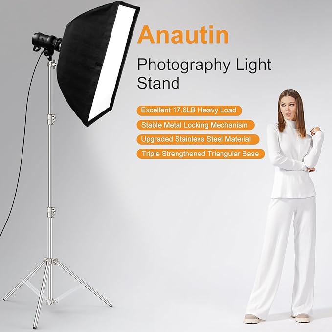 9.2 FT Stainless Steel Photography Stand, Heavy Duty Tripod With 1/4" to 3/8" Screw Adapter for Strobe, LED Video Light, Ring Light, Monolight, Softbox